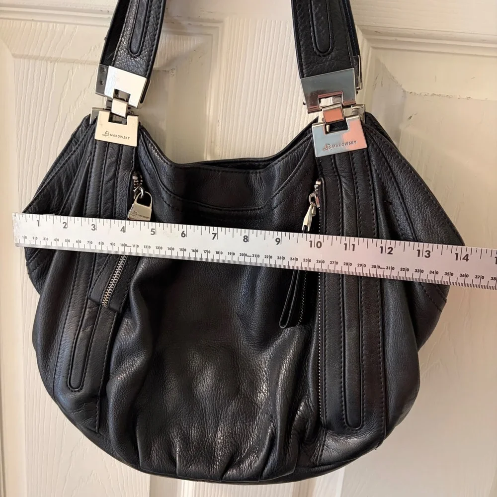 B. Makowsky Black Genuine Leather Large Hobo Shoulder Bag Silver Hardware